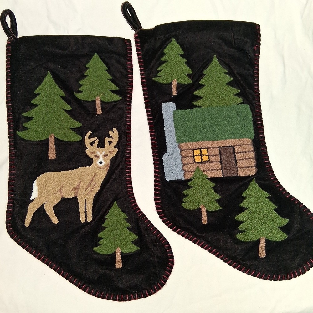 Set Of 2 Folk Art Country Christmas Stockings Black Velvet Deer Log Cabin - Picture 2 of 4